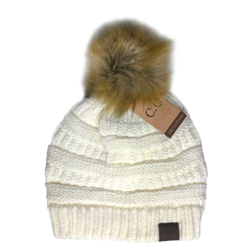 Classic cap with simple logo embroidery -Hat-43 BEANIE W/FAUX FUR POM - IVORY