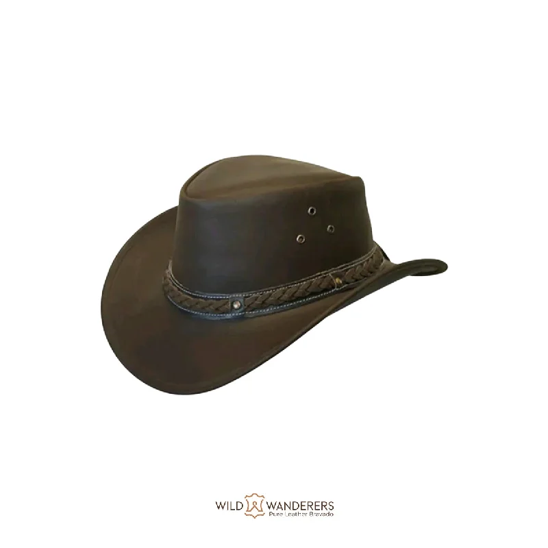 Classic western cowboy hats with ribbon bands for men with sophisticated style -Outback Explorer Leather Cowboy Hat