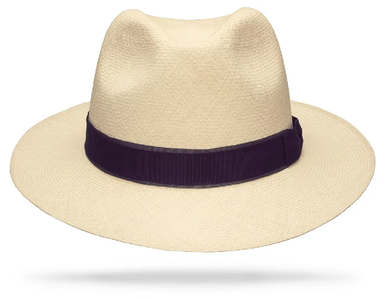 Classic straw hat for women with wide brim for sun protection -Montecristi Havana Double Band - Purple