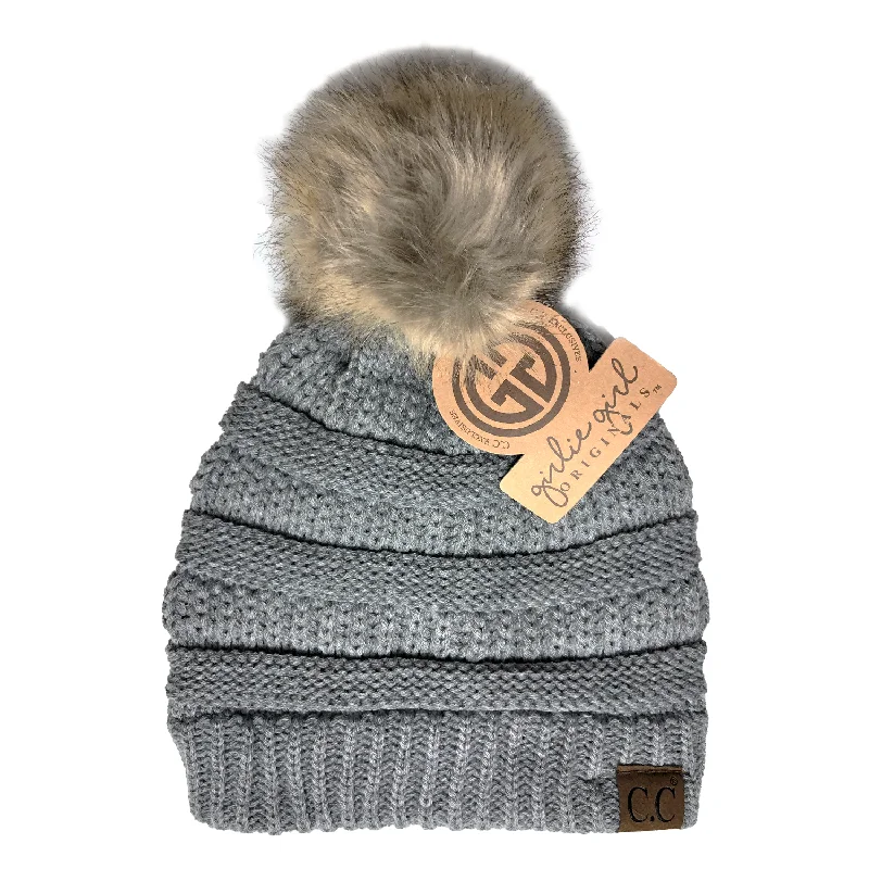 Graphic trucker cap for playful fashion flair -Hat-43 BEANIE W/FAUX FUR POM - LIGHT MELANGE GREY