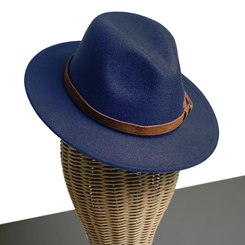 Luxurious felt fedora hats for women with satin finish and minimalistic design -Chokore Fedora Hat with Vegan Leather Belt (Enamel Blue)