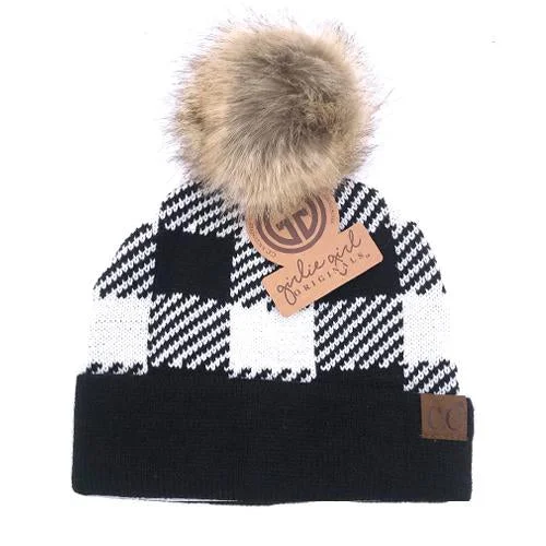 Minimal dad cap for understated charm -BP-43 White/Black Buffalo Plaid Beanie w/Faux Fur Pom