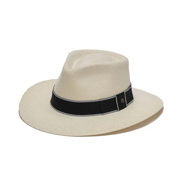 Fashionable straw hat for women with oversized brim for added shade -Austral Hats - White Panama Hat with Flat Bow and Grey Band