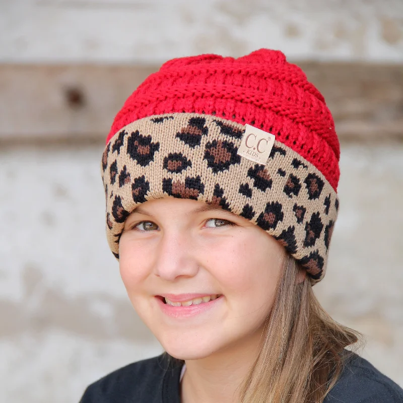 Wool blend cap for cozy fall fashion -KID-45 Red Leopard Youth Beanie