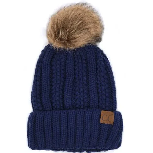 Embroidered sports cap for team pride display -YJ-820 SHERPA LINED BEANIE W/FAUX FUR POM - NAVY