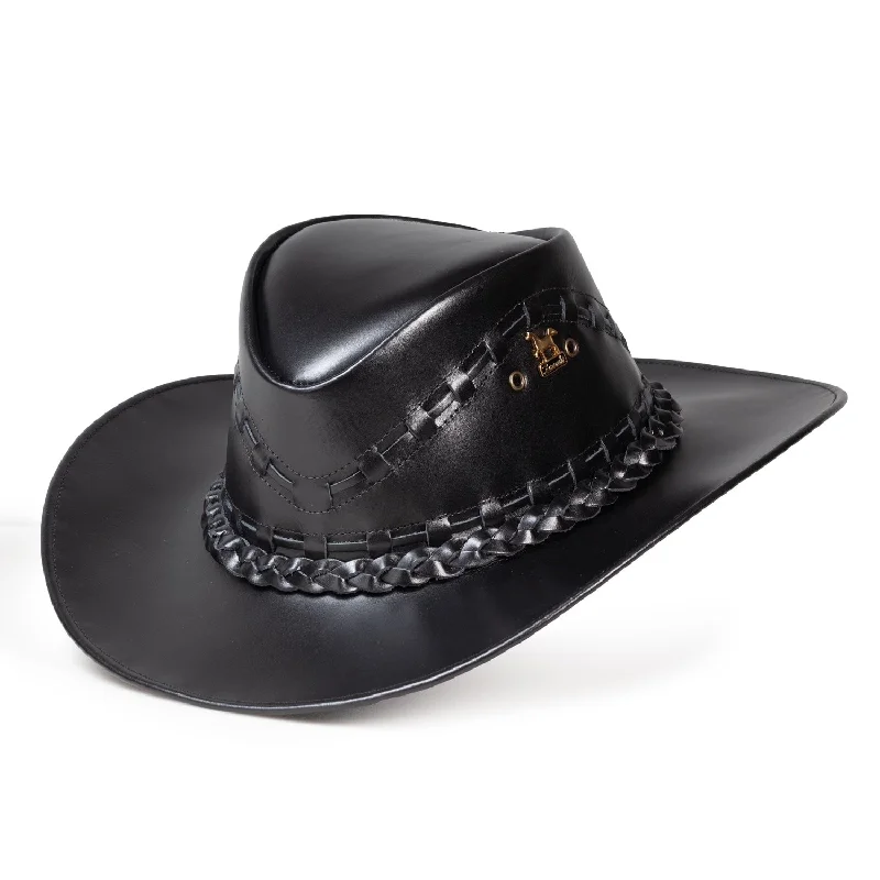 Lightweight straw cowboy hats for men with ventilated holes for breathability -Brunello's Smooth Texture Leather Hat in Black