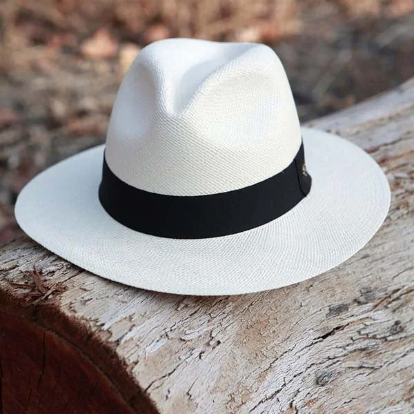 Wide-brim straw hat for women with UV protection for sunny beach days -Austral Hats - White Panama Hat with Black Band