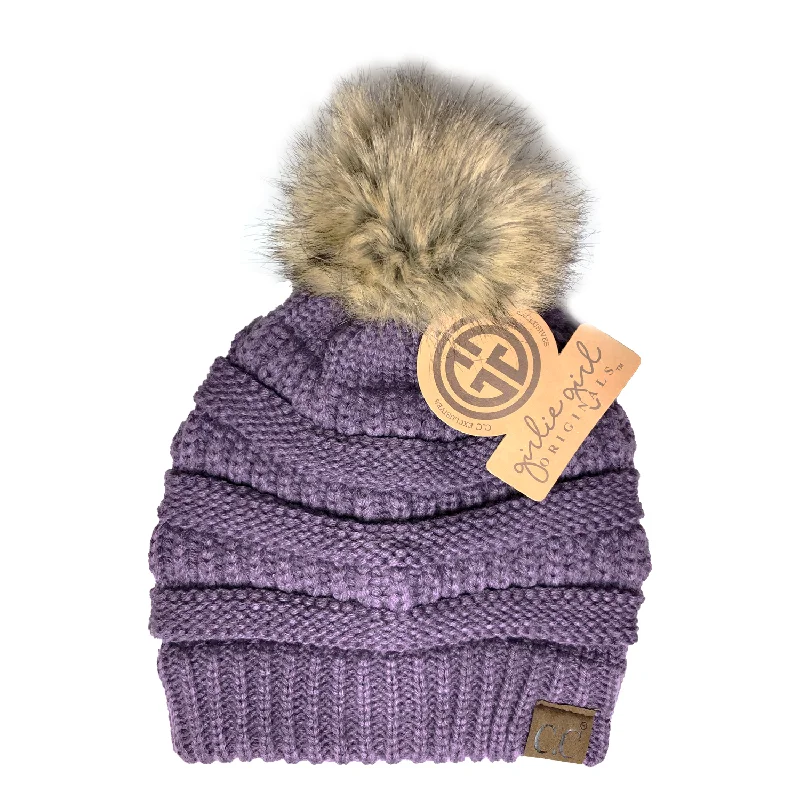 Lightweight cap with quick-dry fabric finish -Hat-43 BEANIE W/FAUX FUR POM - VIOLET