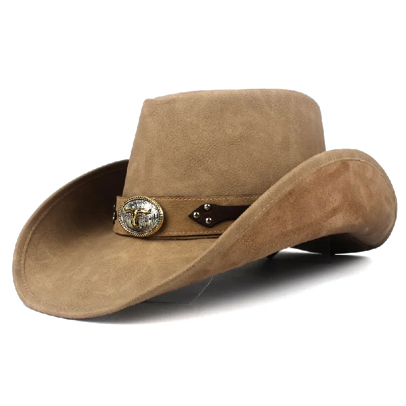 Colorful cowboy hats for women with embellished feathers for a fun and stylish accessory -Silver Taurus Leather Cowboy Hat