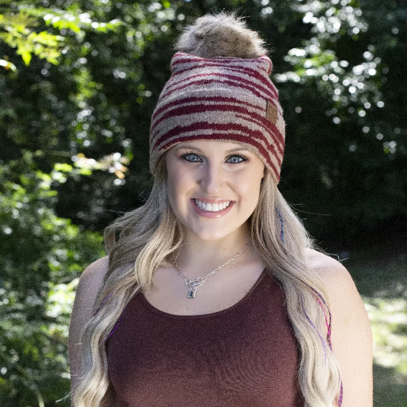 Durable canvas cap for rugged outdoor use -HAT-3607 Zebra Stripe Beanie w/Faux Fur Pom Burgundy