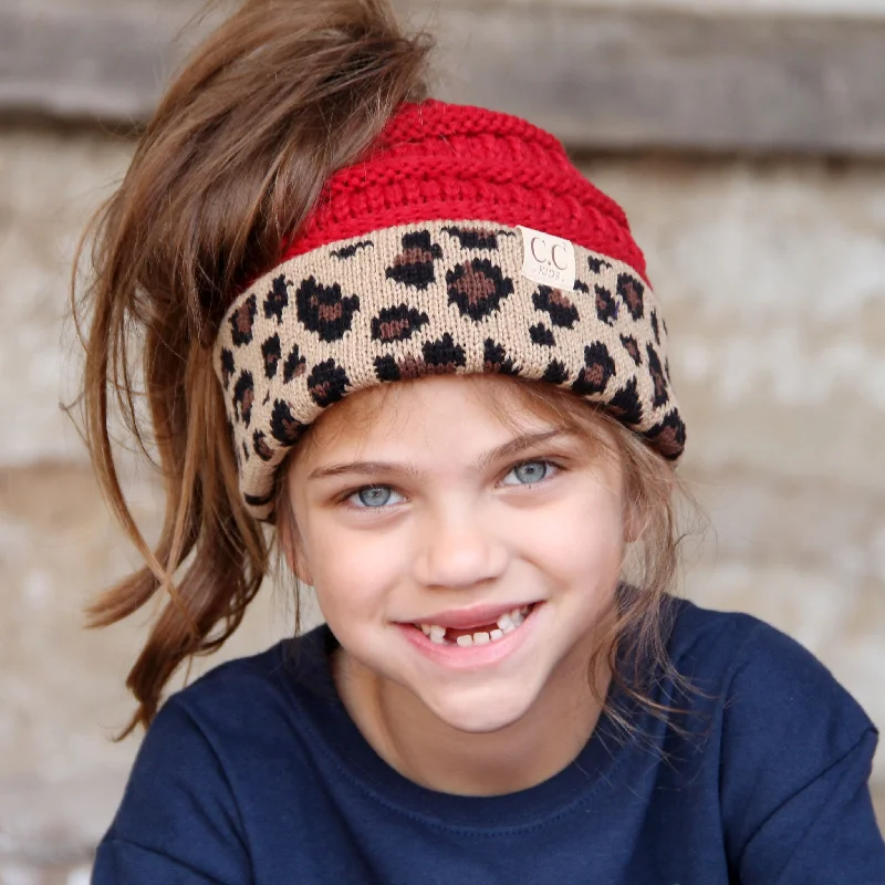 Warm wool cap for cold weather days -MB-45KID-Red Leopard Kid Messy Bun