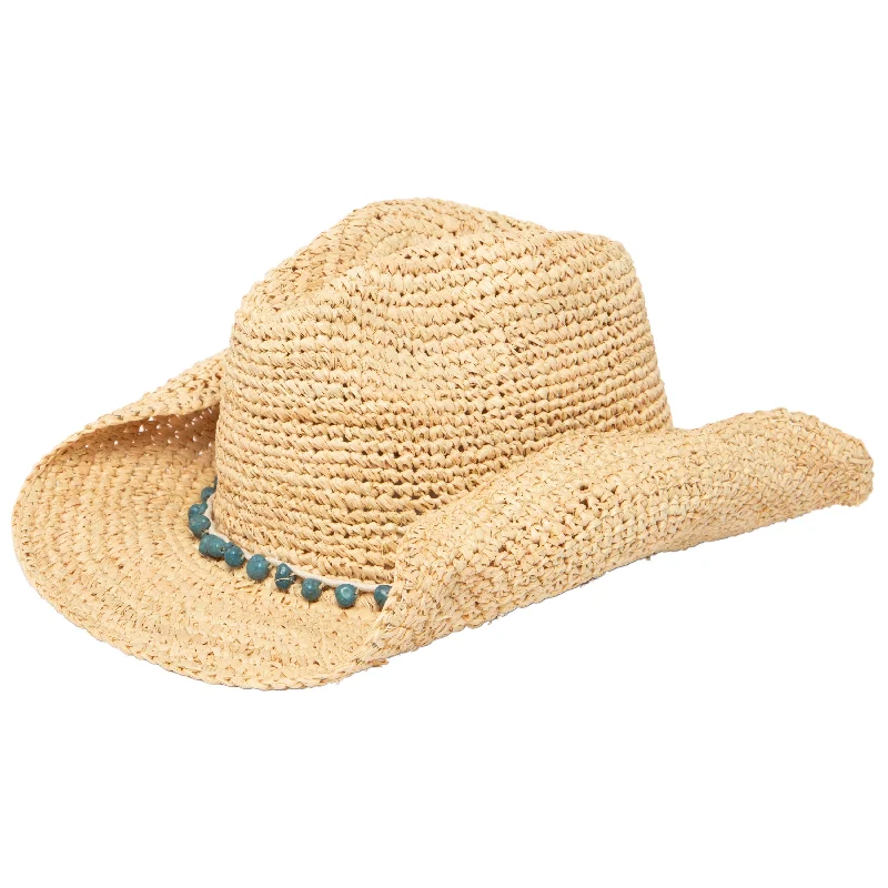 Stylish straw sun hat for women with colorful accents for a fun summer vibe -Women's Crocheted Raffia Cowboy Hat with Stone Trim