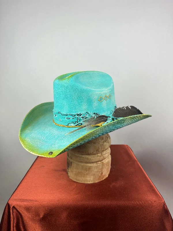 Soft straw sun hat for men with light, airy material and wide brim -Turquoise Straw Western