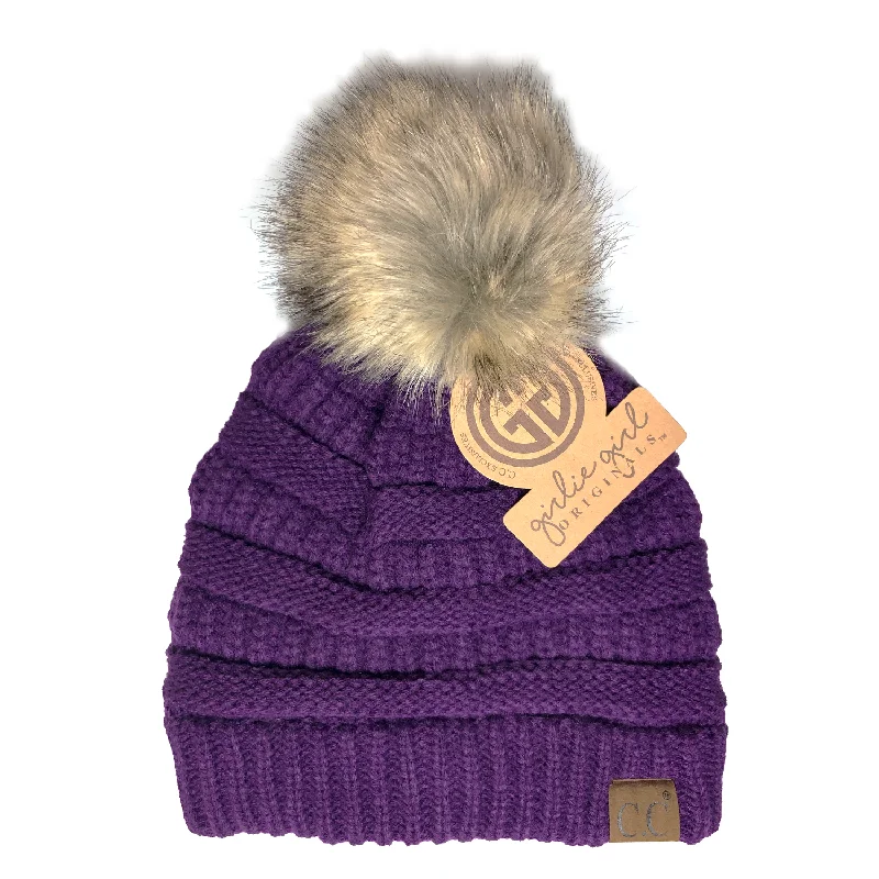 Premium snapback cap with flat bill design -Hat-43 BEANIE W/FAUX FUR POM - DARK PURPLE