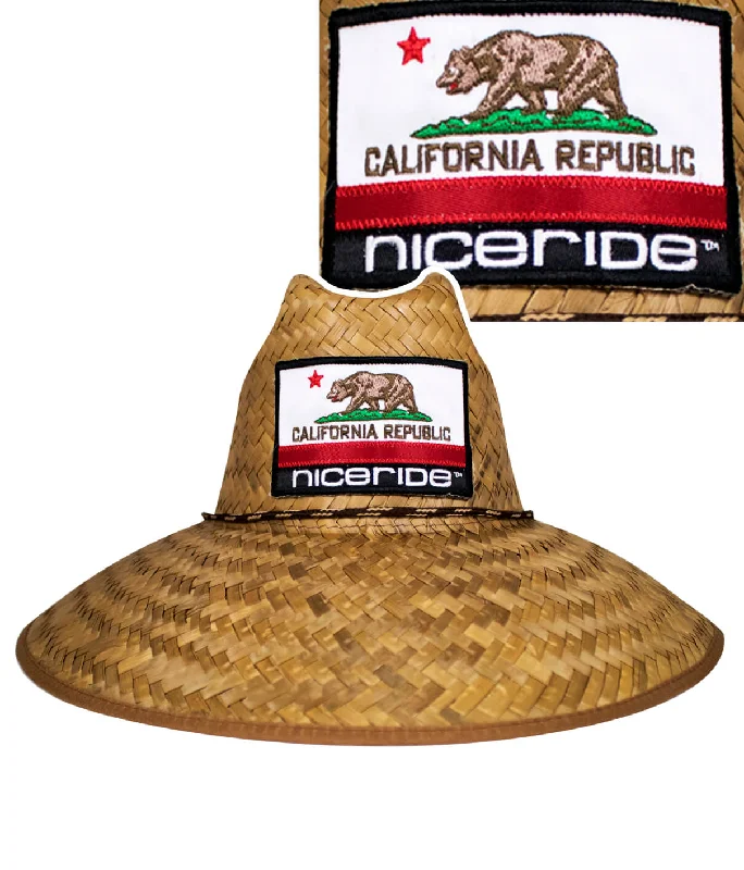 Durable straw Panama hat for men with a breathable and practical design -"CALIFORNIA FLAG" STRAW SUN HAT - UNISEX BEACH HAT