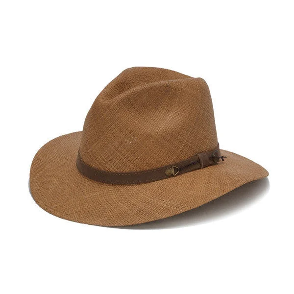 Comfortable straw visor hat for women with adjustable strap and sporty look -Austral Hats - Light Brown Panama Hat with Brown Leather Band