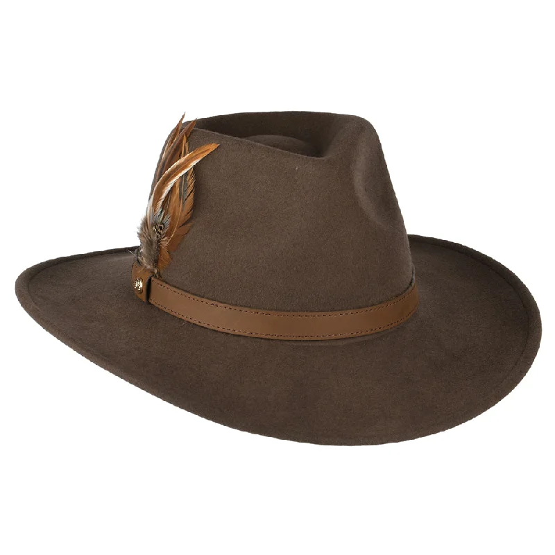 Trendy cowboy hats for men with minimalist styles for a modern western appeal -Failsworth Hats Showerproof Wool Felt Outback Hat With Feathers - Brown