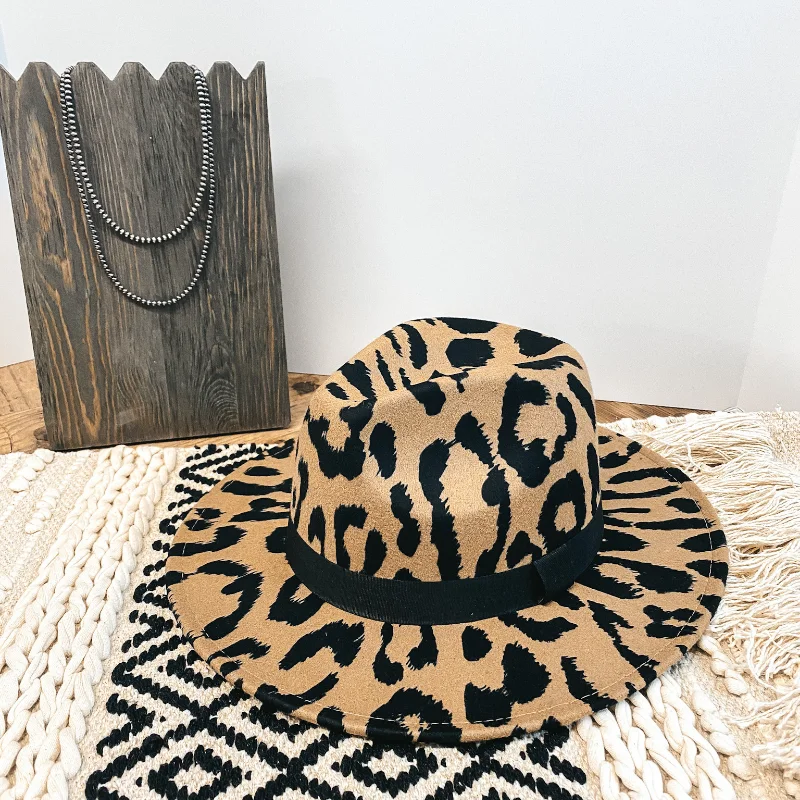 Affordable felt hat for stylish budget wear -Wild Adventure Flat Brim Large Leopard Hat in Tan