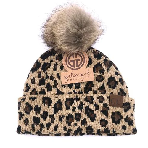 Fitted baseball cap for team uniform fit -LP-43 Leopard Beanie w/Faux Fur Pom