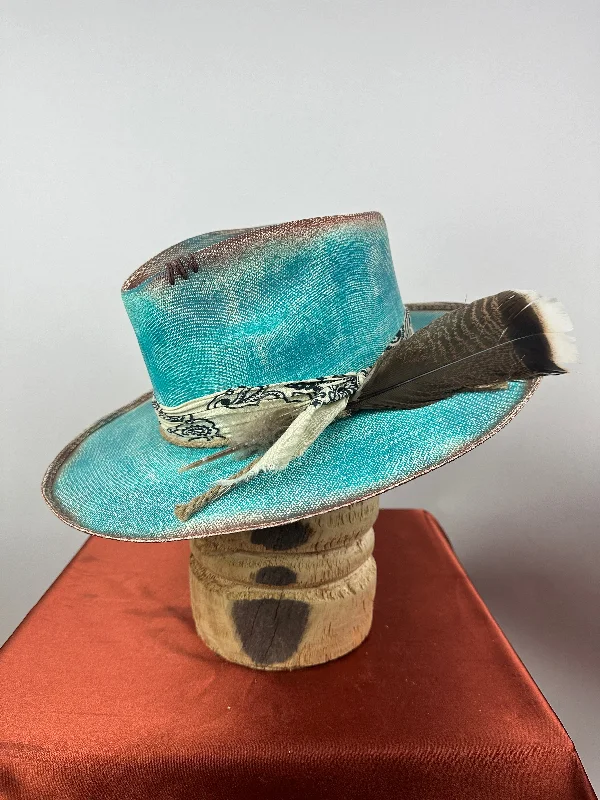 Stylish straw bucket hat for women with casual design and relaxed fit -Teal Distressed Straw