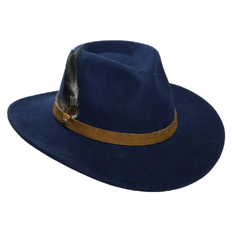 Fashionable cowboy hats for men with intricate woven designs for a custom touch -Failsworth Hats Showerproof Wool Felt Outback Hat With Feathers - Navy Blue