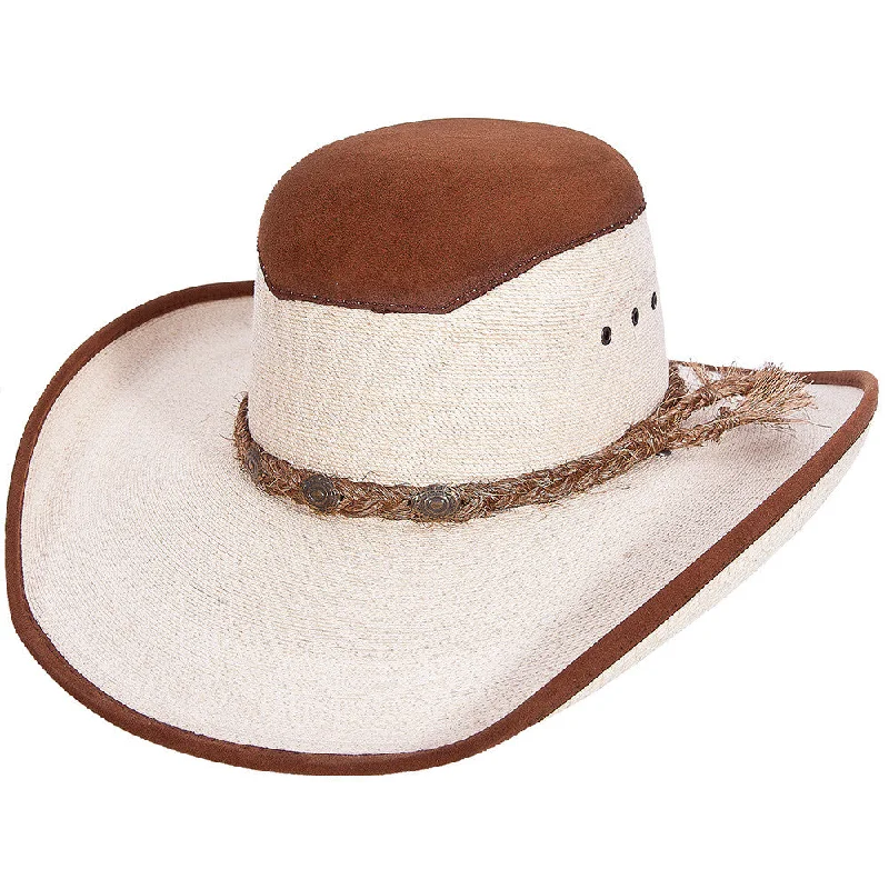 Western cowboy hats with feather accents for men for a bold and unique style -Open Crown Palm Cowboy Hat With Leather