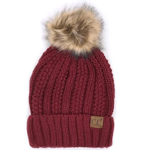 Mesh dad cap for ventilated hot days -YJ-820 SHERPA LINED BEANIE W/FAUX FUR POM - BURGUNDY