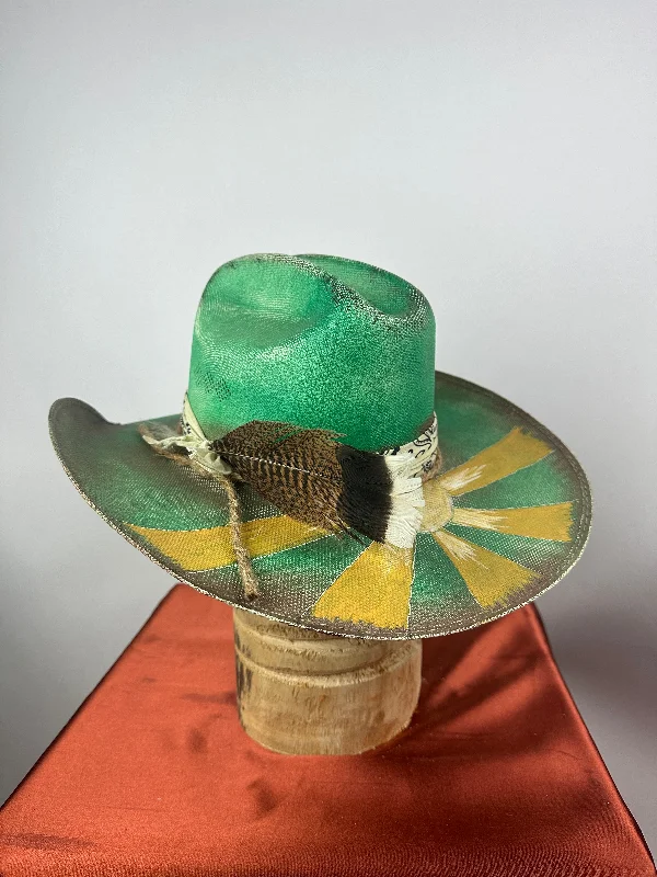 Trendy straw Panama hat for women with decorative ribbon and casual style -Green Sunshine Western Straw