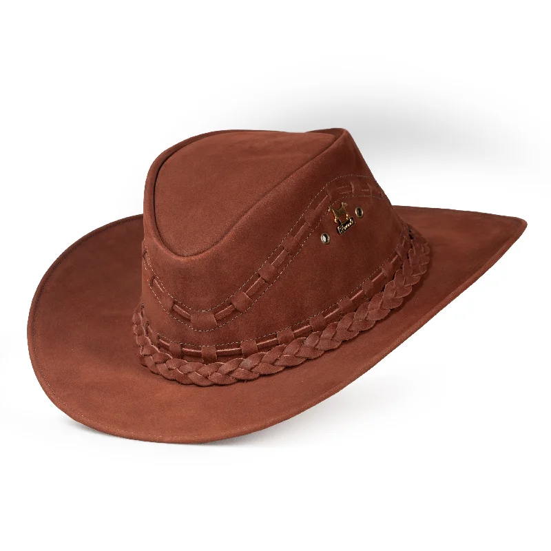 Fashionable cowboy hats for women with colorful embroidered patches for a playful touch -Brunello's Western Leather Hat in Terracotta Brown