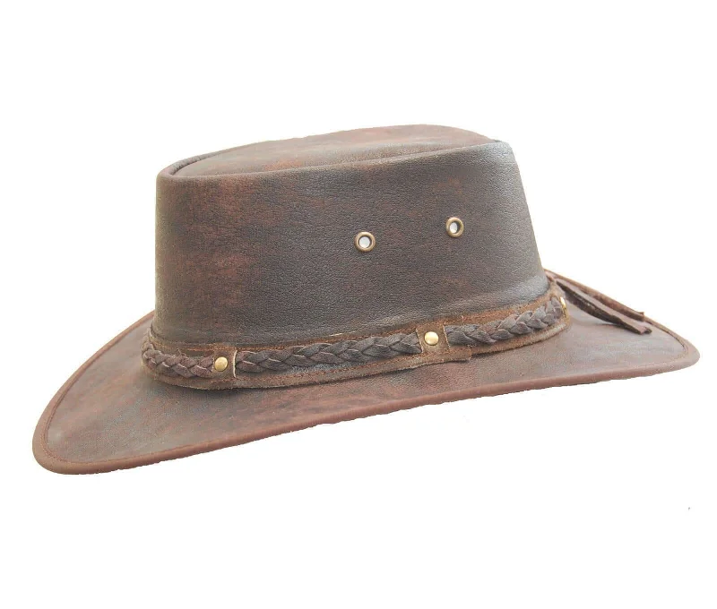 Colorful cowboy hats for men with vibrant bands for a modern and bold statement -Real Distressed Leather Foldaway Crushable Australian-Style  Bush Hat Brown