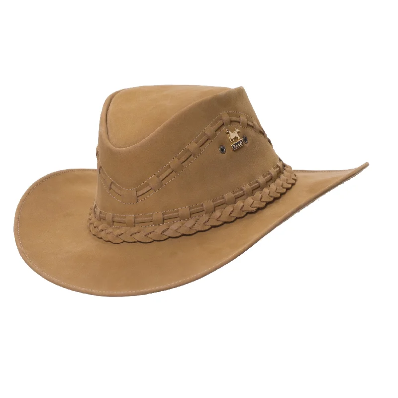 Fashionable cowboy hats for women with unique fabric bands and embroidered details -Brunello's Western Leather Hat in Desert Brown