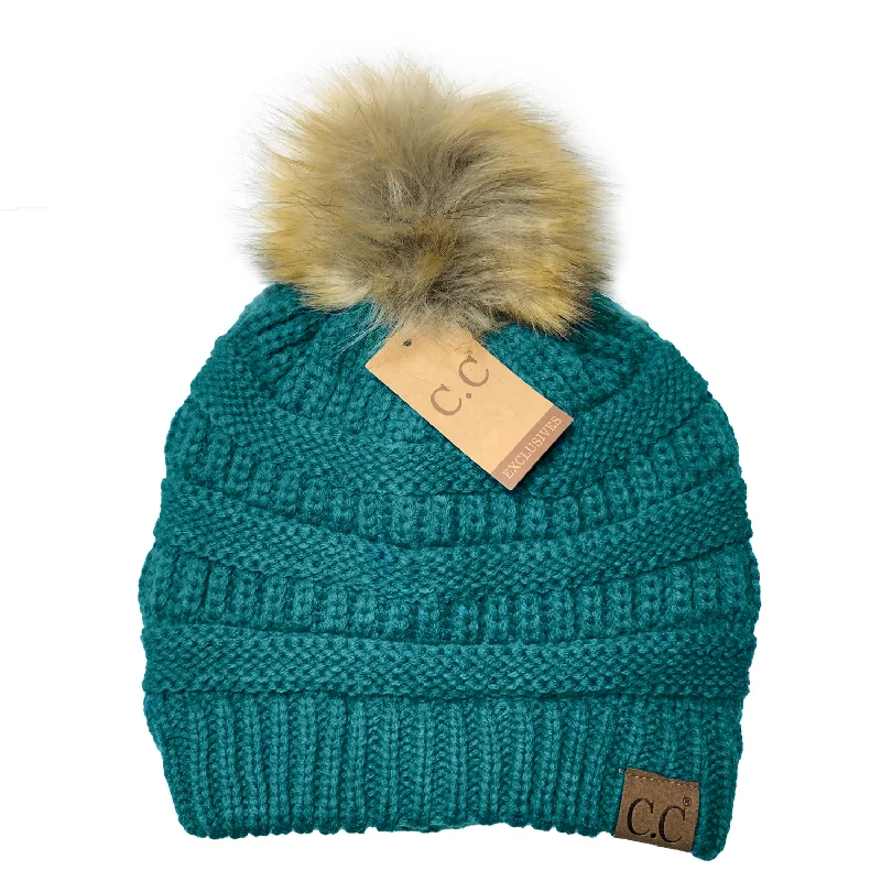 Soft cap for sensitive scalp comfort -Hat-43 BEANIE W/FAUX FUR POM - TEAL