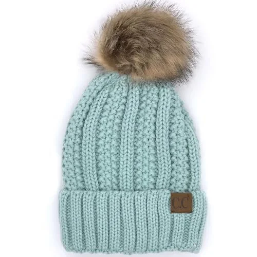 Minimalist mesh cap for airy lightweight feel -YJ-820 SHERPA LINED BEANIE W/FAUX FUR POM - MINT