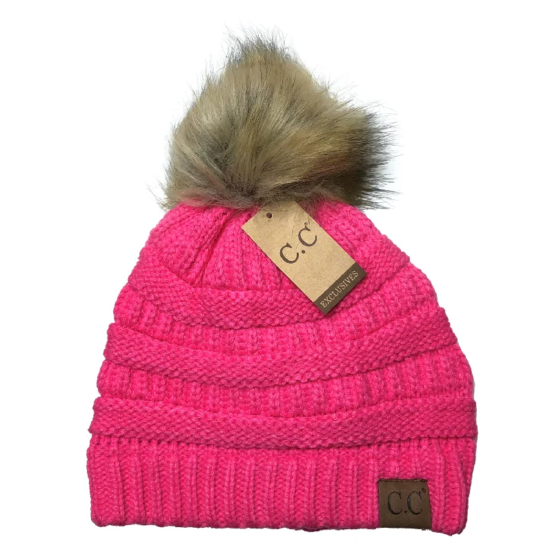 Camo snapback cap for bold woodland style -Hat-43 BEANIE W/FAUX FUR POM - NEW CANDY PINK