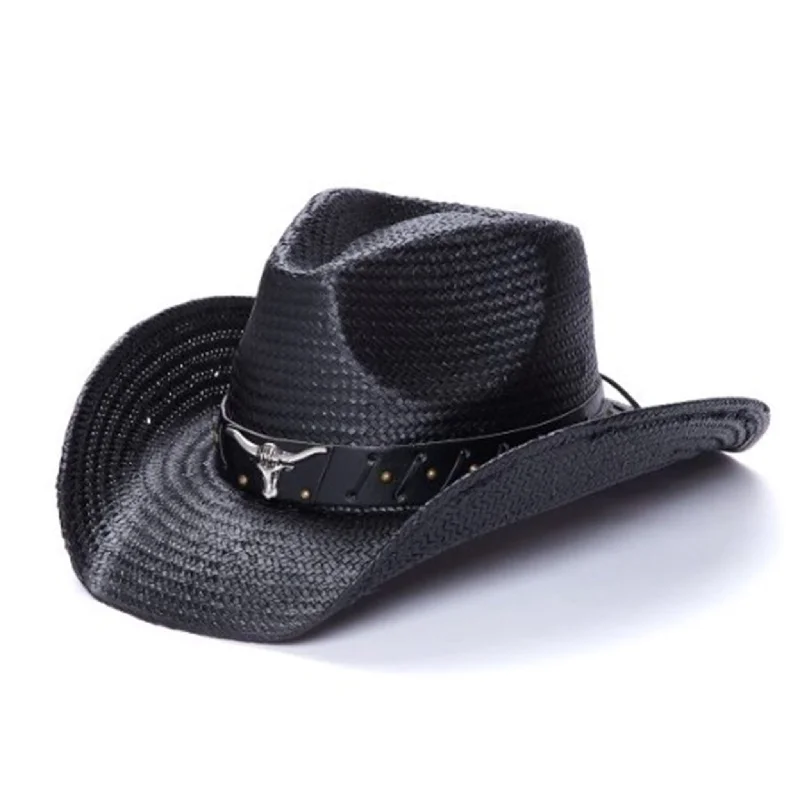 Boho-style straw hat for women with fringe details and relaxed look -Black Longhorn Toyo Straw Hat