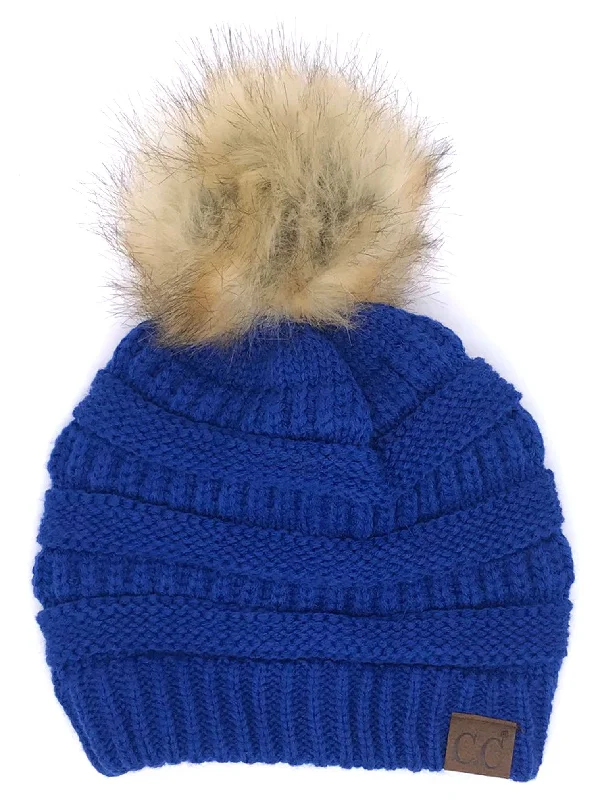 Lightweight cap for easy travel packing -Hat-43 BEANIE W/FAUX FUR POM - ROYAL