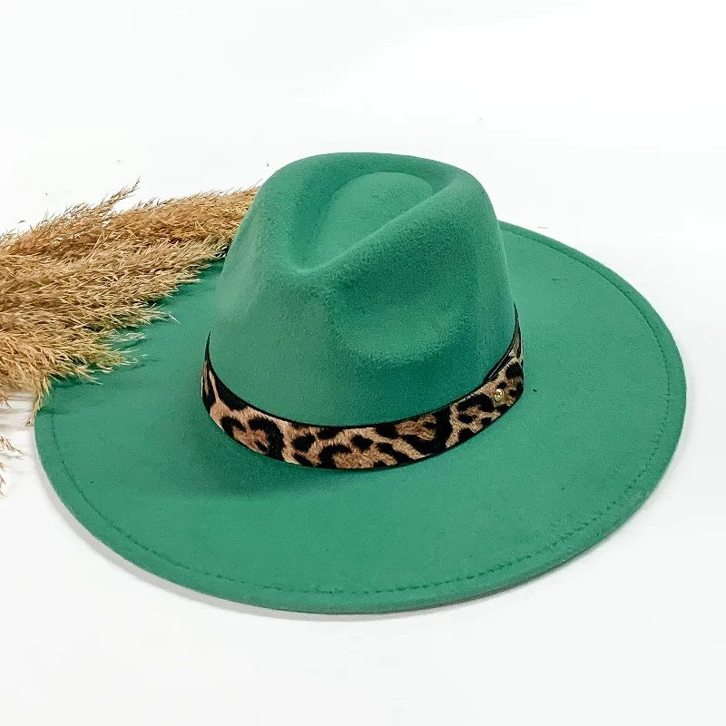 Soft wool felt hat for sensitive scalps -Best of Me Rancher Faux Felt Hat with Leopard Print Hat Band in Turquoise