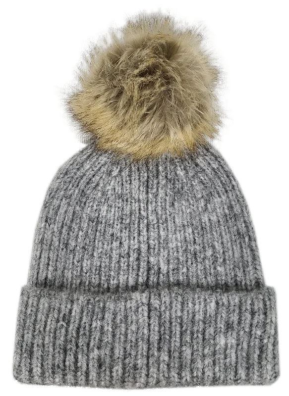 Trucker mesh cap for ventilated cool wear -Hat-2074 Beanie with Faux Fur Pom Melange Grey