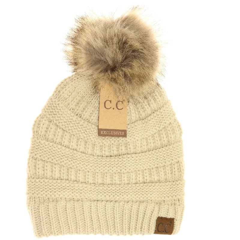 Vintage cap with distressed logo detail -Hat-43 BEANIE W/FAUX FUR POM - BEIGE