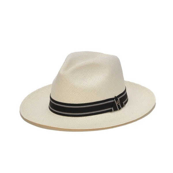 Fashionable straw Panama hat for men with traditional and sleek design -Austral Hats - White Panama Hat with Striped Black and Grey Band