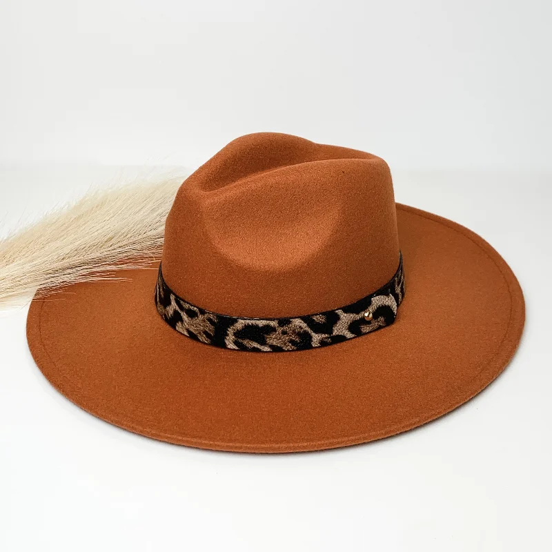 Vintage felt hat with timeless retro appeal -Best of Me Rancher Faux Felt Hat with Leopard Print Hat Band in Rust Tan