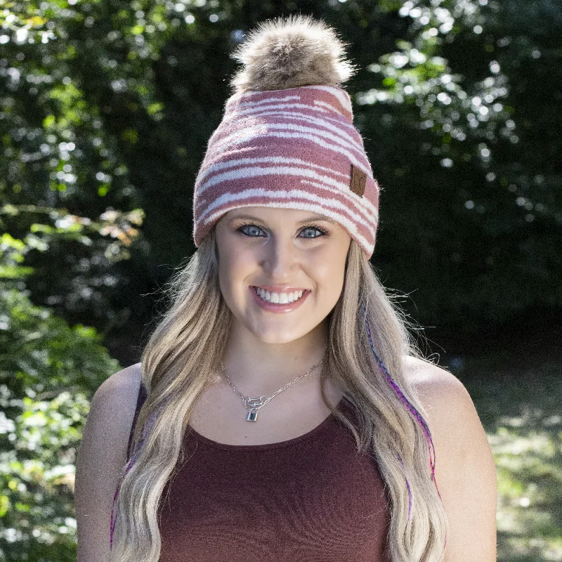 Bold graphic cap for standout fashion flair -HAT-3607 Zebra Stripe Beanie w/Faux Fur Pom Mauve