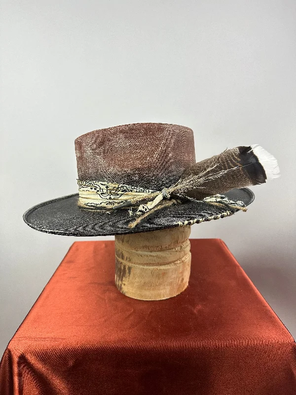 Simple straw sun hat for women with wide brim and soft design -Brown and Black Ombre Straw Hat