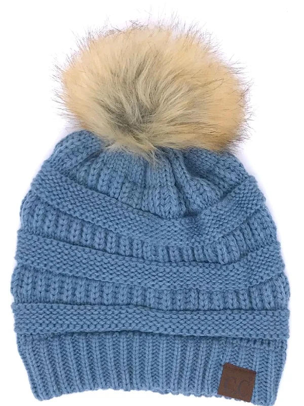 Retro cap with faded wash finish -Hat-43 BEANIE W/FAUX FUR POM - DENIM