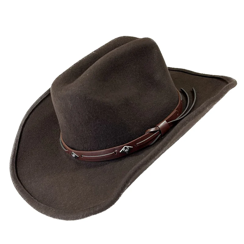 Affordable felt hat with durable wool blend -Brown Wool Felt Western Cowboy Hat with Faux Leather Band