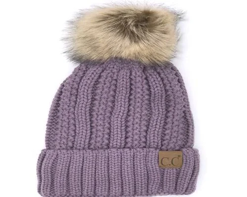 Premium cap with leather strap accent -KIDS-820-VIOLET SHERPA LINED BEANIE W/FAUX FUR POM - VIOLET