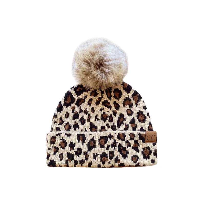 Classic cap with simple logo embroidery -LP-43-KIDS Leopard Beanie w/Faux Fur Pom