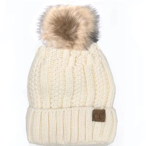 Camo snapback cap for bold woodland style -YJ-820 SHERPA LINED BEANIE W/FAUX FUR POM - IVORY