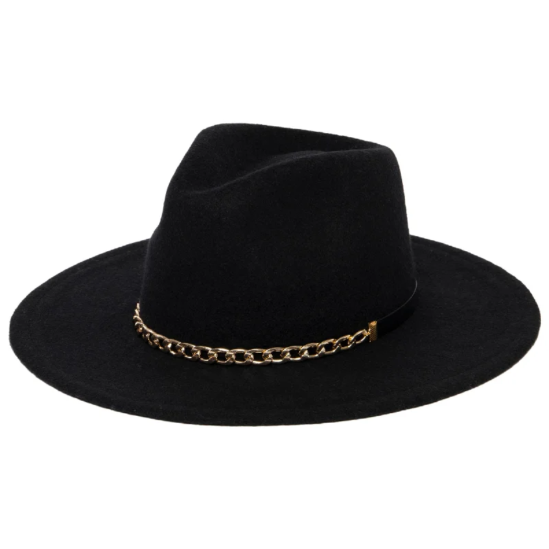 Trendy fedora hats for men with eco-friendly materials for conscious fashion -Jolene - Wool Blend Fedora with Gold Chain Trim