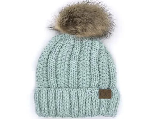 Wool trucker cap for warm stylish wear -KIDS-820-MINT SHERPA LINED BEANIE W/FAUX FUR POM - MINT